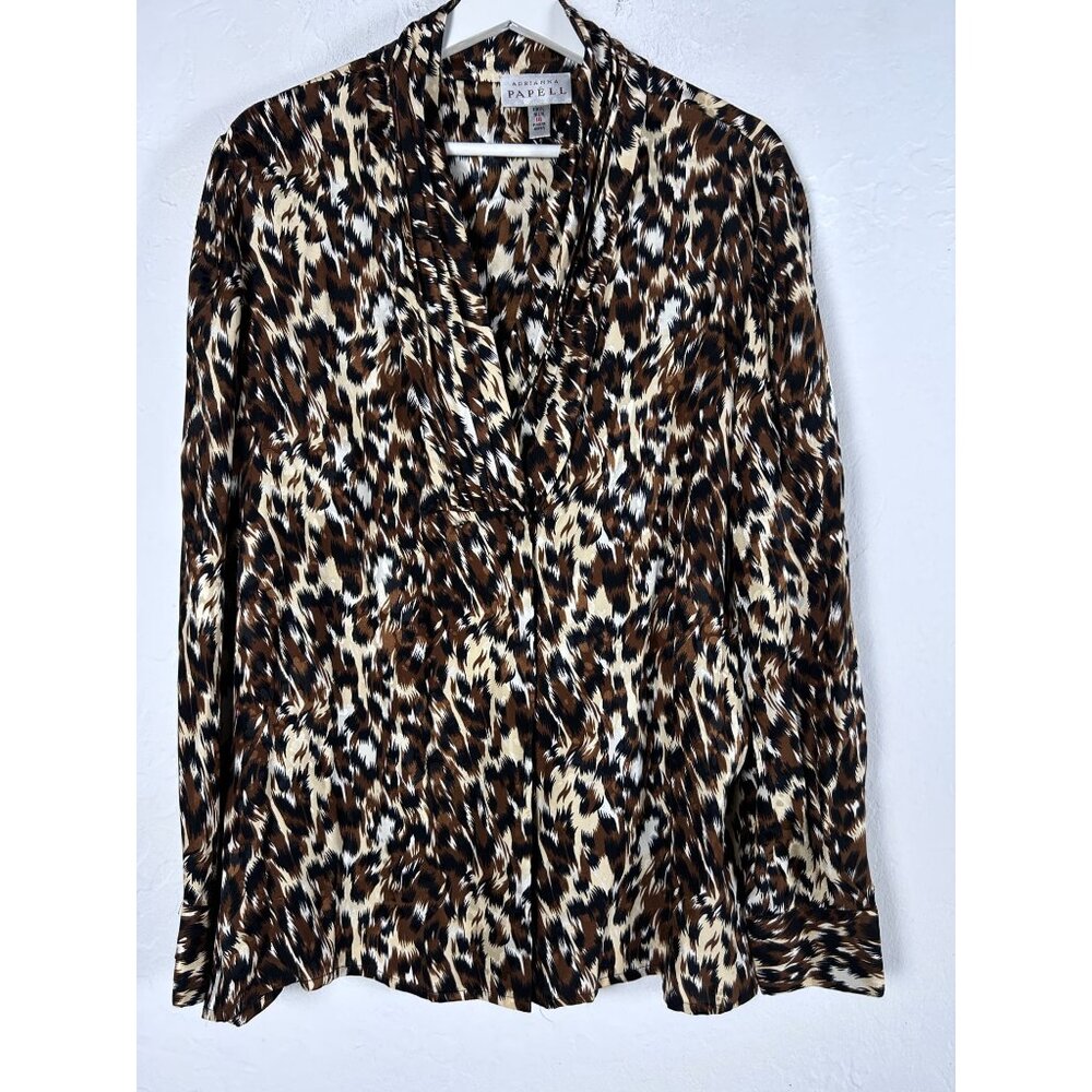 Adrianna Papell Womens Leopard Button Down Blouse Top 100% Silk Size 16 Brown